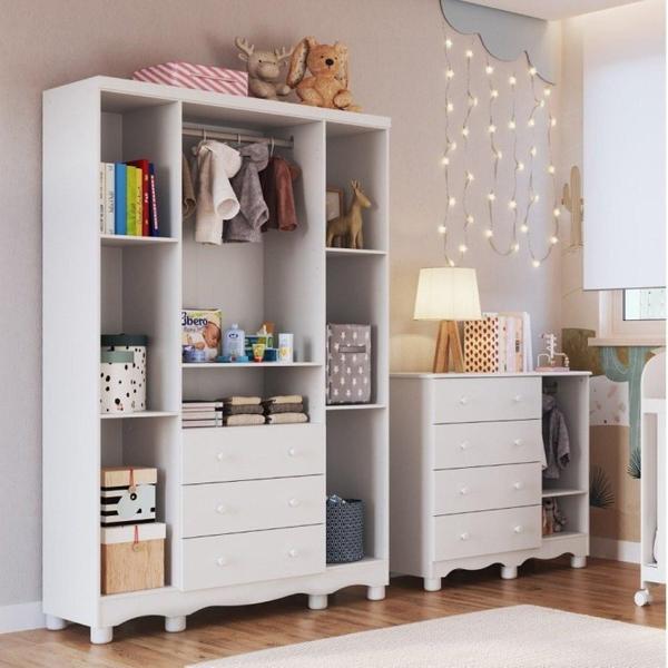 Imagem de Quarto Infantil com Guarda Roupa 4 Portas e Cômoda 1 Porta com Janela Mimo Espresso Móveis Branco Brilho