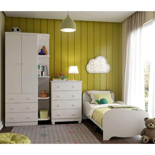 Imagem de Quarto Infantil com Guarda Roupa com Prateleira Cômoda e Mini Cama 100% MDF Cambalhota Branco Brilho