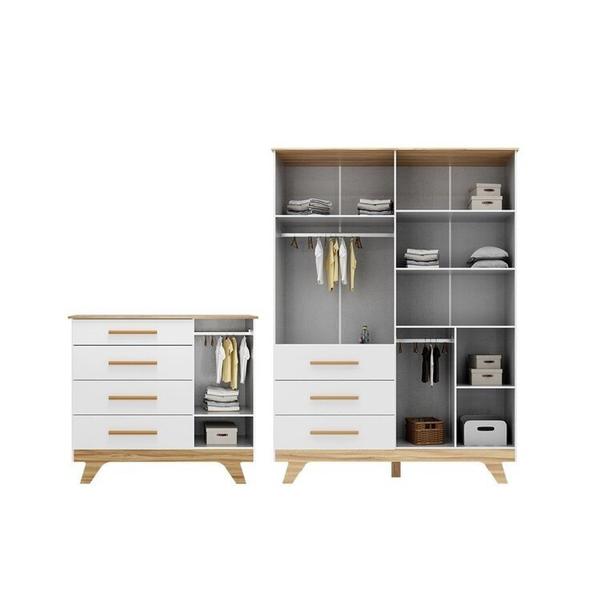 Imagem de Quarto Infantil com Guarda-roupa e Cômoda com Janelas 100% Mdf Retrô Kakau Espresso Móveis Branco Brilho/Amêndoa