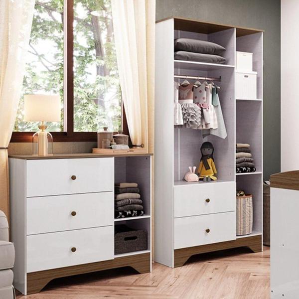 Imagem de Quarto Infantil com Guarda Roupa e Cômoda com Janelas Retângulo 100% MDF Cocada Branco Brilho / Carvalhop