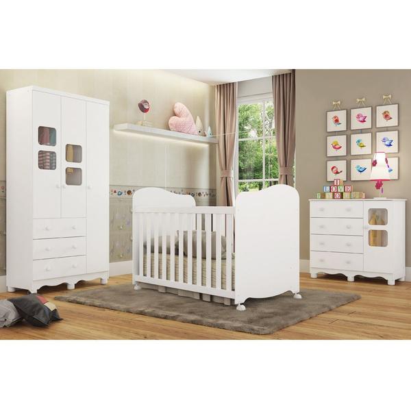 Imagem de Quarto Infantil com Guarda Roupas 3 portas, Cômoda 4 gavetas e Berço Americano UliPeroba Branco 