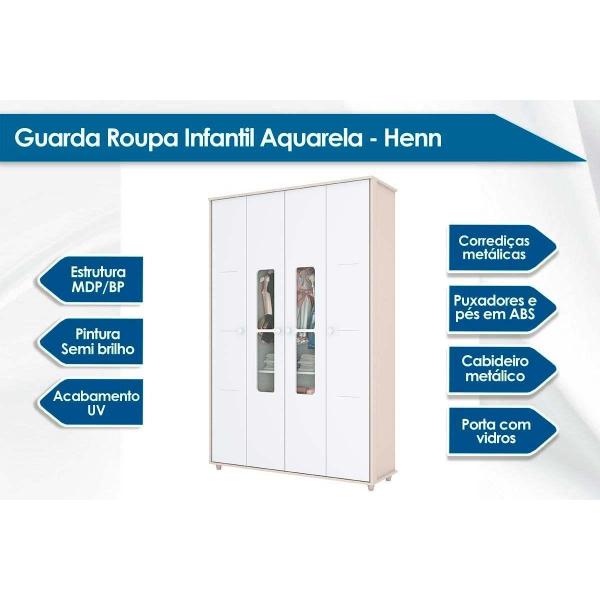 Imagem de Quarto Infantil Completo Aquarela 2 Peças (1 G Roupa + 1 Cômoda) QI62 Cristal/Branco - Henn