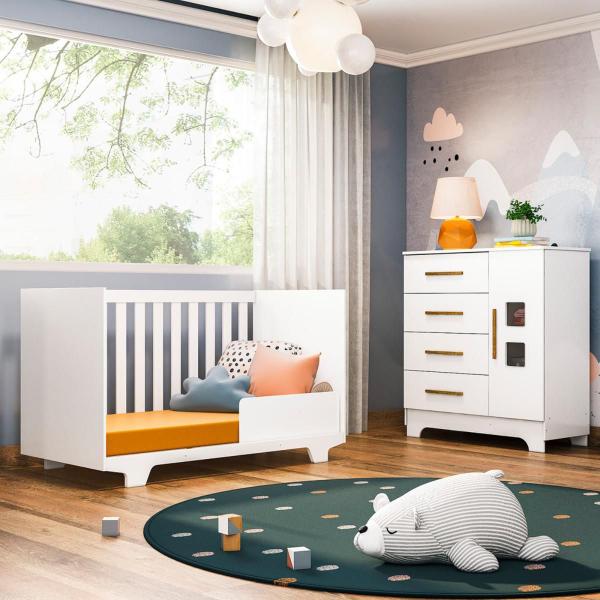 Imagem de Quarto Infantil Completo Berço 2 em 1 e Cômoda Multiuso MDF