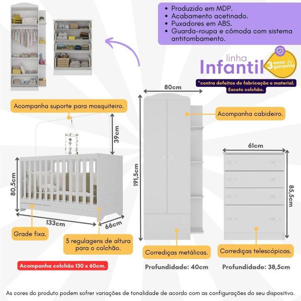 Imagem de Quarto Infantil Completo c/ Berço 3x1 e Colchão Incluso Multimóveis João e Maria FG3034 Bco/Colorido