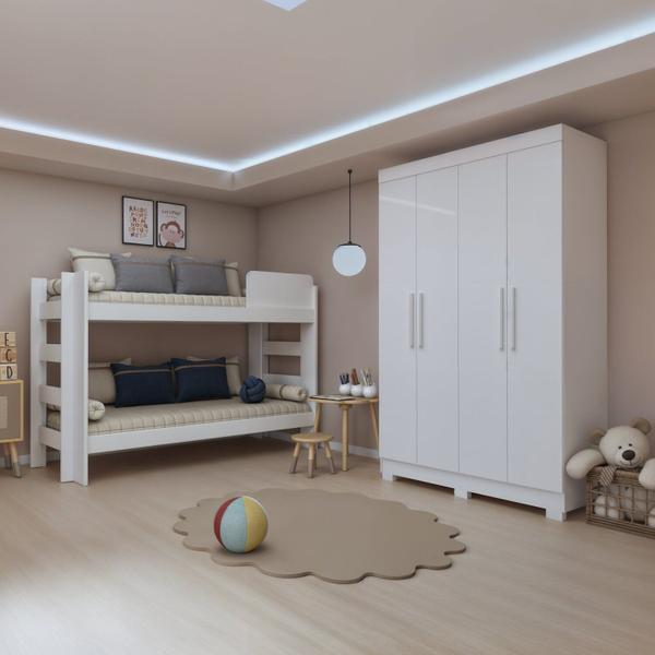 Imagem de Quarto Infantil Completo com Guarda-Roupa e Beliche Théo Branco