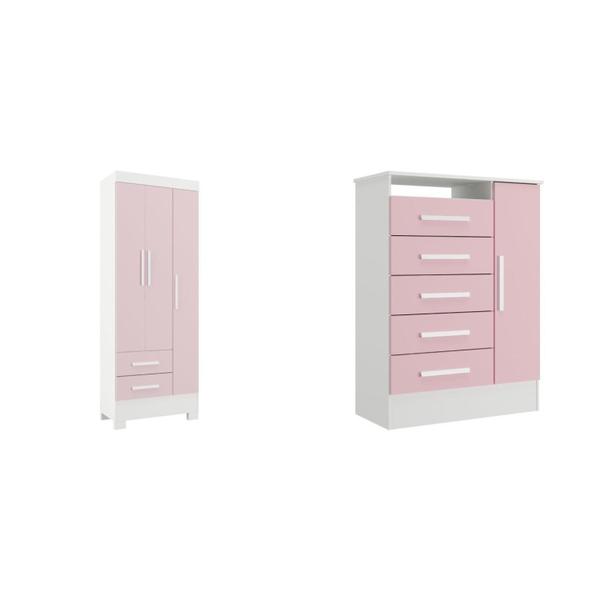 Imagem de Quarto Infantil Completo Guarda Roupa 3 Portas 2 Gavetas com Cômoda Atena Espresso Móveis Branco/Rosa