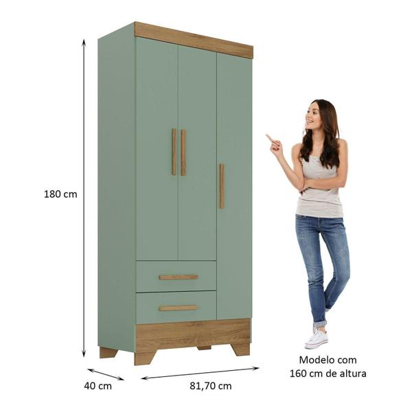 Imagem de Quarto Infantil Completo Guarda Roupa 3 Portas 2 Gavetas com Cômoda Selene Espresso Móveis Verde Fosco/Nature