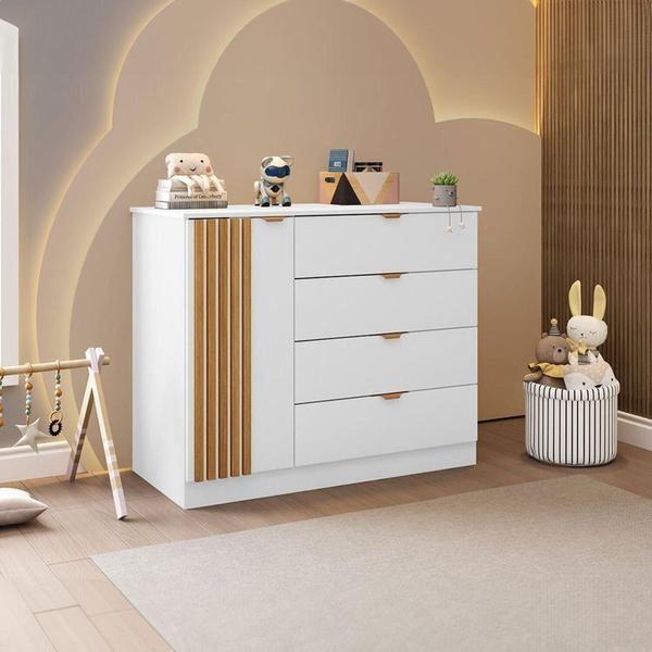 Imagem de Quarto Infantil Completo Guarda-Roupa 3 Portas 4 Gavetas com Cômoda 100% MDF Ayla Branco