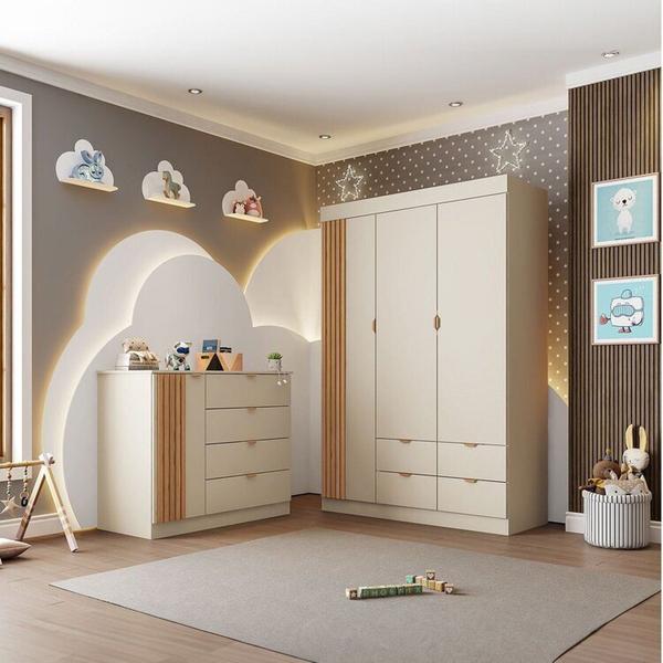 Imagem de Quarto Infantil Completo Guarda-Roupa 3 Portas 4 Gavetas com Cômoda 100% MDF Ayla Off White