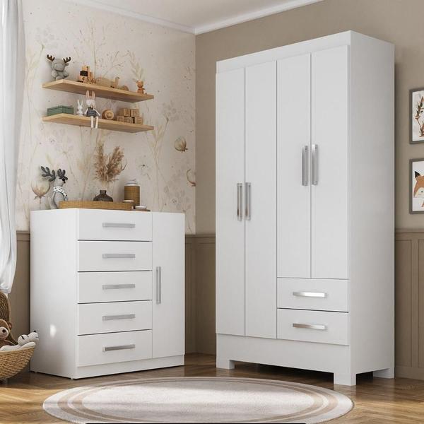 Imagem de Quarto Infantil Completo Guarda Roupa 4 Portas 2 Gavetas com Cômoda Amy Espresso Móveis Branco