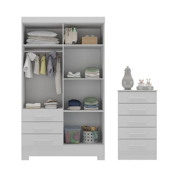 Imagem de Quarto Infantil Completo Guarda Roupa 4 Portas 3 Gavetas com Cômoda Kit Cat Espresso Móveis Branco