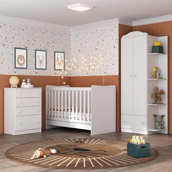 Imagem de Quarto Infantil Completo João e Maria com berço 4 em 1 + colchão Multimóveis + Roupeiro e cômoda Bco