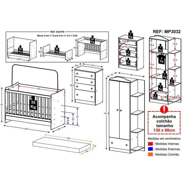 Imagem de Quarto Infantil Completo João e Maria com berço 4 em 1 + colchão + Roupeiro e cômoda Branco  Multi