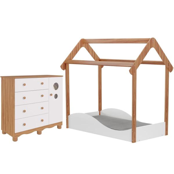 Imagem de Quarto Infantil Completo Mini Cama Montessoriana Uli Cômoda 1 Porta 4 Gavetas Bolinha 100% MDF