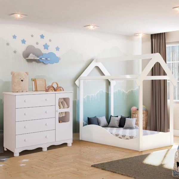 Imagem de Quarto Infantil Completo Uli Mini Cama Montessoriana Cômoda 1 Porta 4 Gavetas 100% MDF Peroba