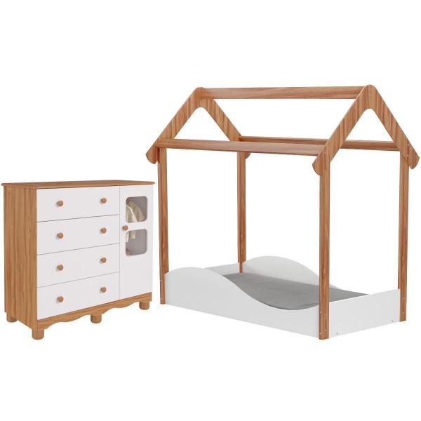 Imagem de Quarto Infantil Completo Uli Mini Cama Montessoriana Cômoda 1 Porta 4 Gavetas 100% MDF Peroba