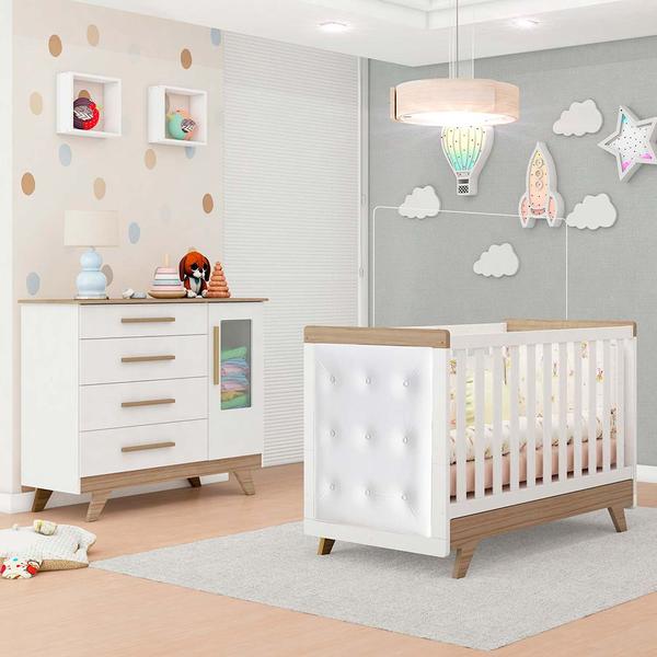 Imagem de Quarto Infantil Decorado Peroba Berço Retrô e Cômoda 1 Porta com Janela Retrô Branco/Carvalho  