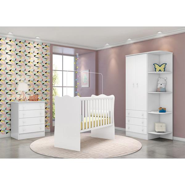 Imagem de Quarto Infantil Doce Sonho Berço c/ Colchão + Roupeiro + Cômoda Branco