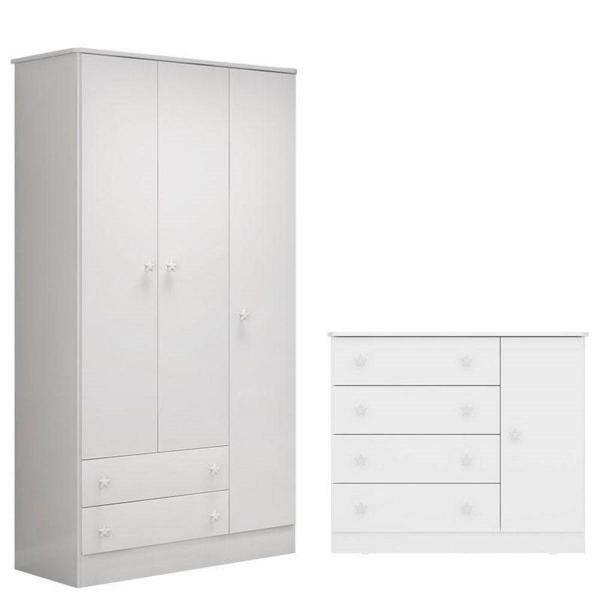 Imagem de Quarto infantil Doce Sonho Guarda Roupa Berço e Cômoda Sapateira Branco Qmovi