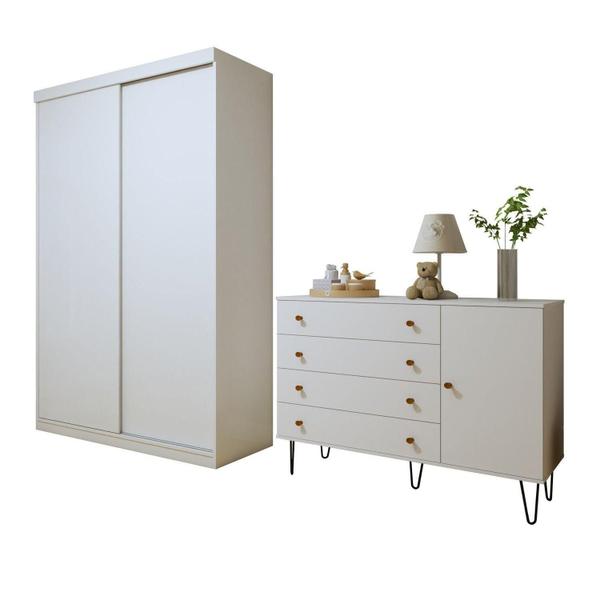 Imagem de Quarto Infantil Guarda-Roupa 2 Porta de Correr 2 Gavetas Elara com Cômoda 1 Porta 4 Gavetas Aurora Branco