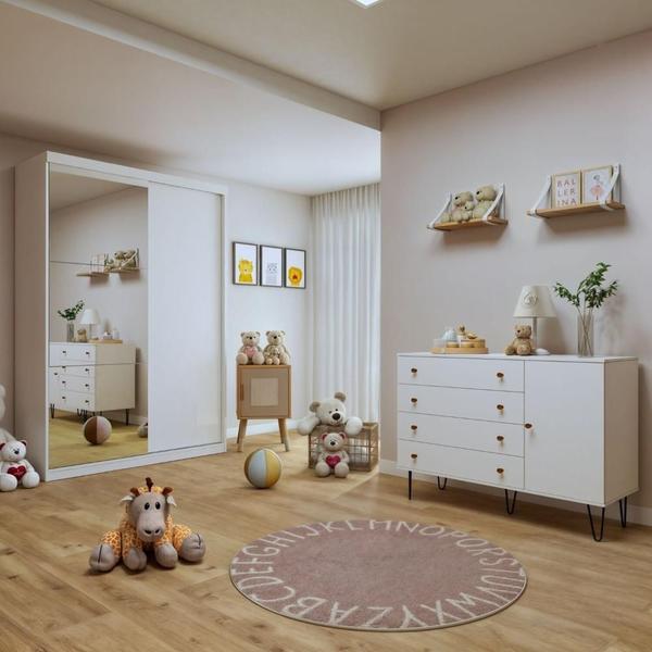 Imagem de Quarto Infantil Guarda-Roupa 2 Portas Correr e Espelhos Arabella com Cômoda 1 Porta 4 Gavetas Aurora Branco