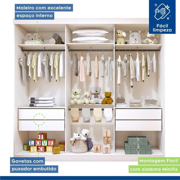 Imagem de Quarto Infantil Guarda-Roupa 3 Portas de Correr Thalia com 1 Porta 4 Gavetas Aurora Branco