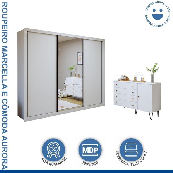 Imagem de Quarto Infantil Guarda-Roupa com Espelho 3 Portas Marcella com Cômoda 1 Porta 4 Gavetas Aurora Branco