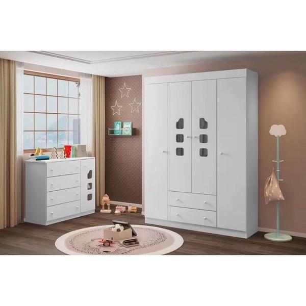 Imagem de Quarto Infantil Lívia Guarda Roupa 4 Portas e Cômoda 1 Porta Branco Phoenix Baby