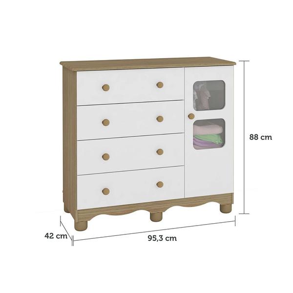 Imagem de Quarto Infantil Montessoriano com Cama Casinha e Cômoda 4 Gavetas 1 Porta Branco/Carvalho Uli