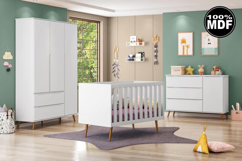 Imagem de Quarto Infantil Retro Melinda com Guarda Roupa, Cômoda e Berço Mini Cama Branco 100% MDF