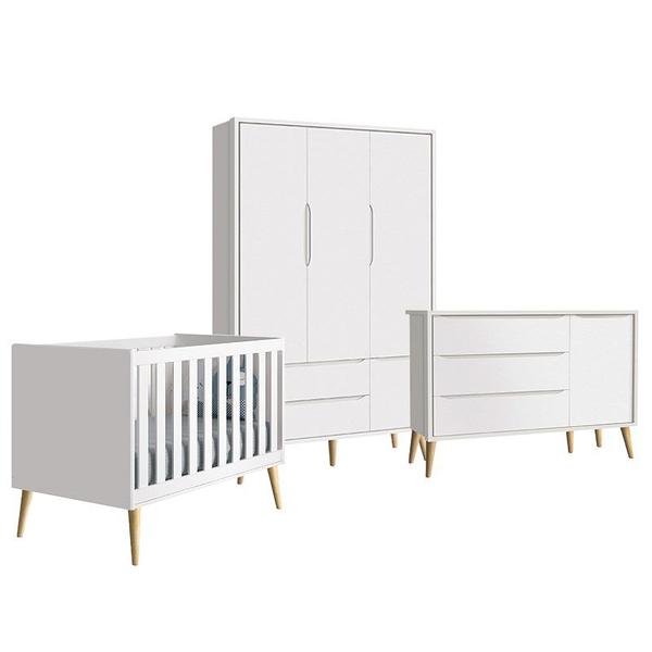 Imagem de Quarto Infantil Theo 3 portas Branco Fosco com Pés Madeira Natural - Reller Móveis