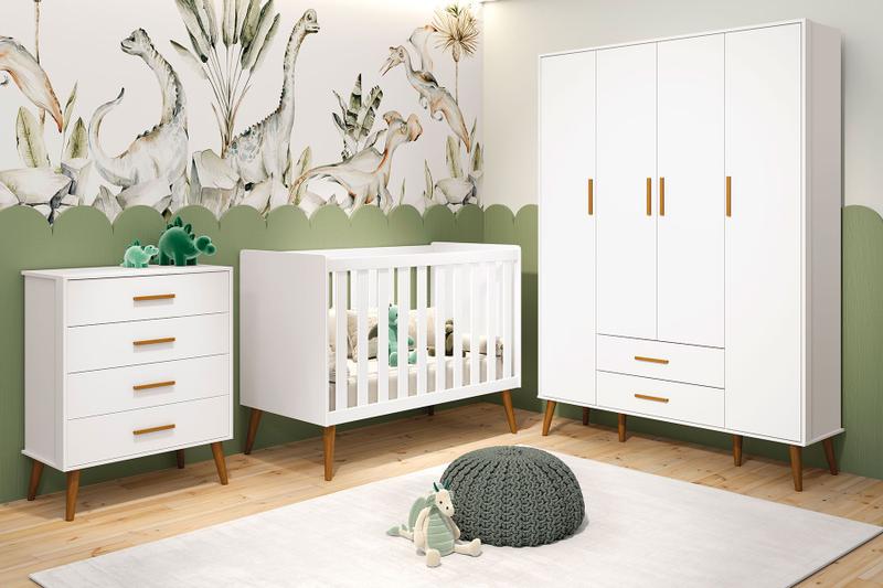 Quarto Isis Berço Americano 2 em 1 + Comoda Gaveteiro + Guarda Roupa Isis Retrô 4 Portas 2 Gavetas Branco Fosco - Reller Imagem de Quarto Isis Berço Americano 2 em 1 + Comoda Gaveteiro + Guarda Roupa Isis Retrô 4 Portas 2 Gavetas Branco Fosco - Reller