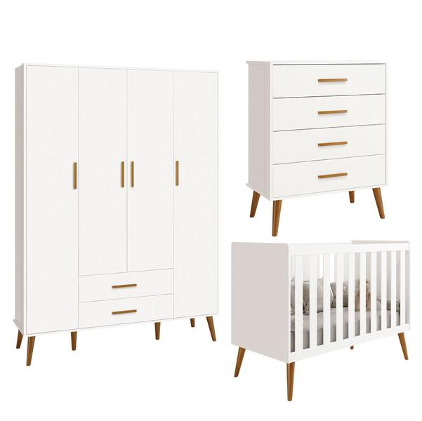 Quarto Isis Berço Americano 2 em 1 + Comoda Gaveteiro + Guarda Roupa Isis Retrô 4 Portas 2 Gavetas Branco Fosco - Reller Imagem de Quarto Isis Berço Americano 2 em 1 + Comoda Gaveteiro + Guarda Roupa Isis Retrô 4 Portas 2 Gavetas Branco Fosco - Reller