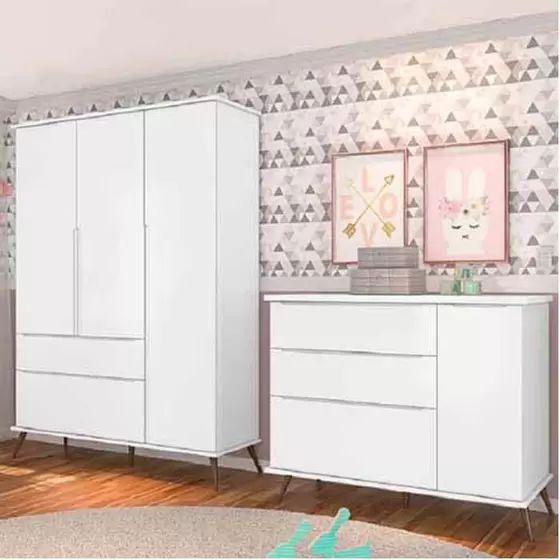 Imagem de Quarto Melinda com Guarda Roupa 3 Portas e 2 Gavetas + Cômoda 3 Gavetas e 1 Porta  Phoenix Baby