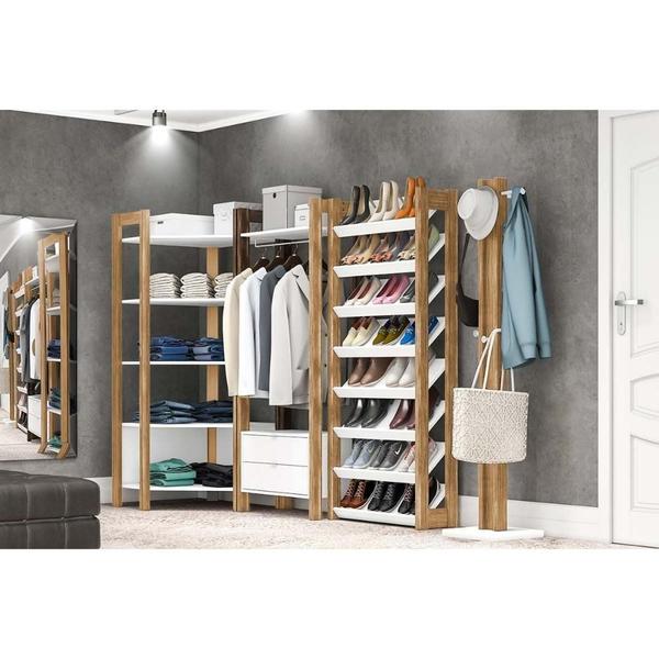 Imagem de Quarto Modulado Casal 4 Peças (Módulo de Canto AZ1020 + Closet AZ1011 + Sapateira AZ1006 + Cabideiro AZ1018) Amêndoa/Branco - Tecno Mobili