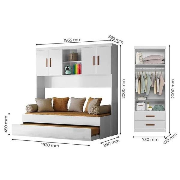 Imagem de Quarto Modulado Completo Onix Guarda Roupa, Modulo Aereo e Cama com Auxiliar Branco/Amadeirado - Peternella