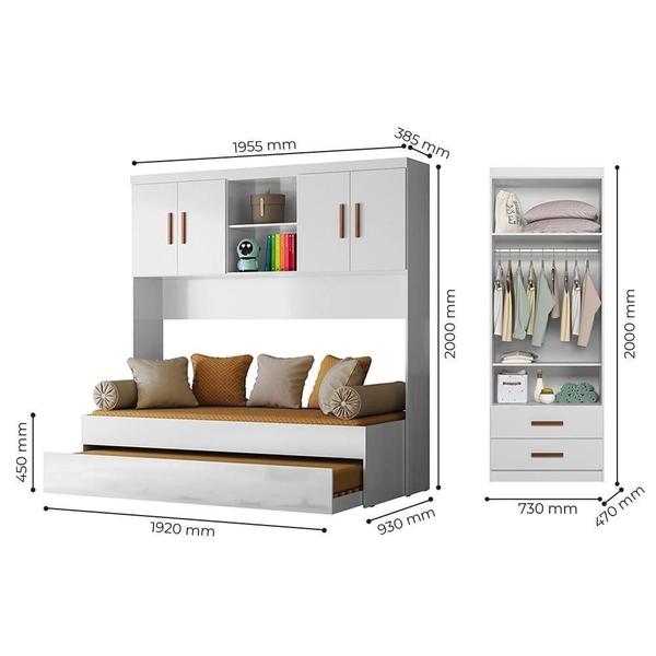 Imagem de Quarto Modulado Onix Guarda Roupa, Modulo Aereo e Cama com Auxiliar Branco/Amadeirado - Peternella