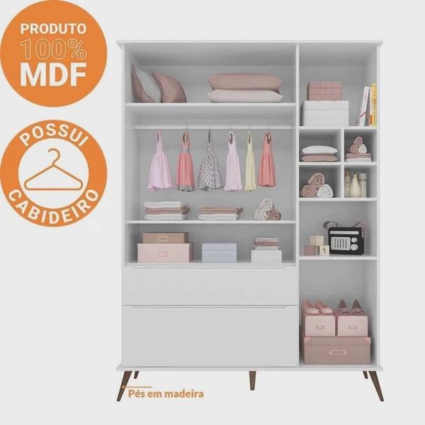 Imagem de Quarto Retro Melinda Guarda Roupa 3 Portas e 2 Gavetas e Comoda 1 Porta e 3 Gavetas Branco - Mobili