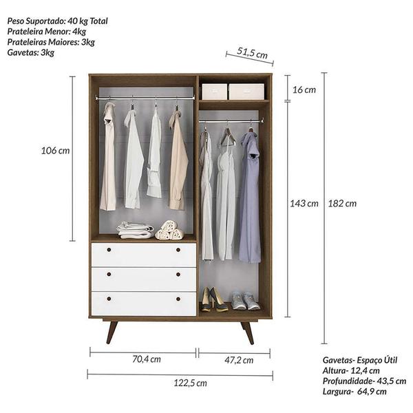 Imagem de Quarto Solteiro Retrô Plus com Guarda-Roupa 3 PT 3 GV Cômoda 4 GV e Mesa de Cabeceira 1 GV Carvalho e Branco