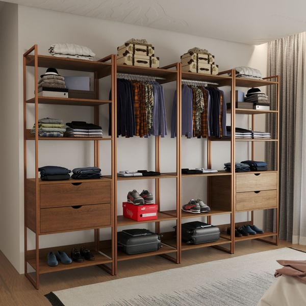 Imagem de Quatro Modulos Para Closet Industrial Ferro Cobre MDF Amêndoa