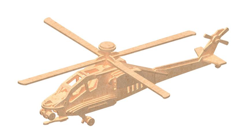 Imagem de Quebra-Cabeça 3D  HELICÓPTERO APACHE 75 peças em MDF - DINOBRINQUE Indicado para TDAH.