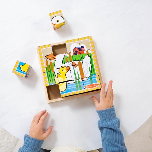 Imagem de Quebra-cabeça de cubos de madeira da fazenda com bandeja de armazenamento - 6 quebra-cabeças em 1 (16 peças) da Melissa & Doug