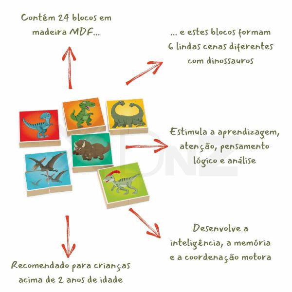 Imagem de Quebra Cabeça Em Blocos Dinos em Madeira Junges Dinossauros Com 24 Peças 6 Cenas Crianças +24 Meses