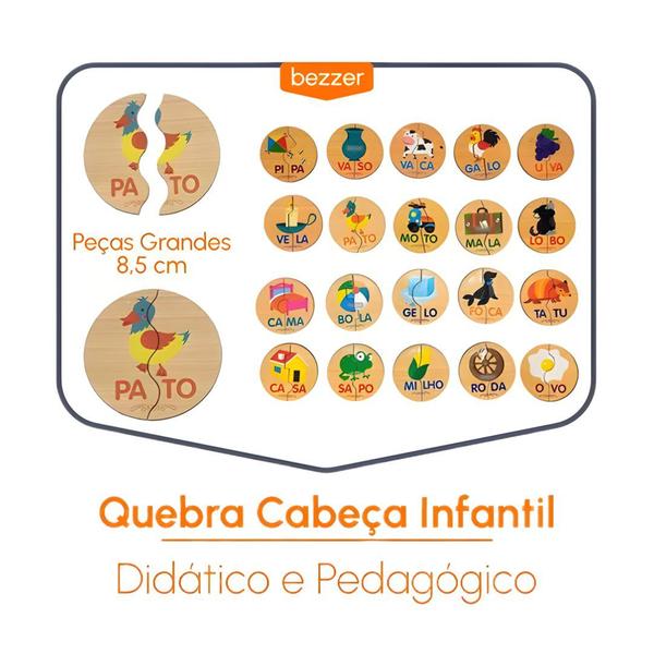 Imagem de Quebra Cabeça Figuras Madeira Encaixe Sílabas Jogo Educativo