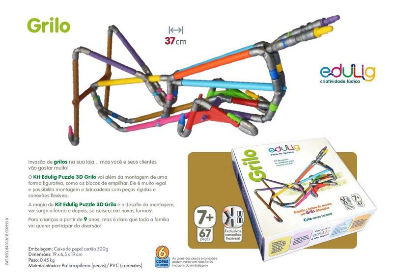 Imagem de Quebra-cabeça Geométrico Edulig Puzzle 3D Grilo - 67 peças e conexões - 37 cm de comprimento