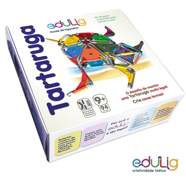 Imagem de Quebra-cabeça Geométrico  Edulig Puzzle 3D Tartaruga - 94 peças e conexões - 35 cm de comprimento