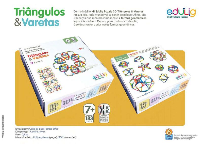 Imagem de Quebra-cabeça geométrico Edulig Puzzle 3D Triângulos & Varetas -  9 desafios para montar, crie novas formas - 183 peças e conexões