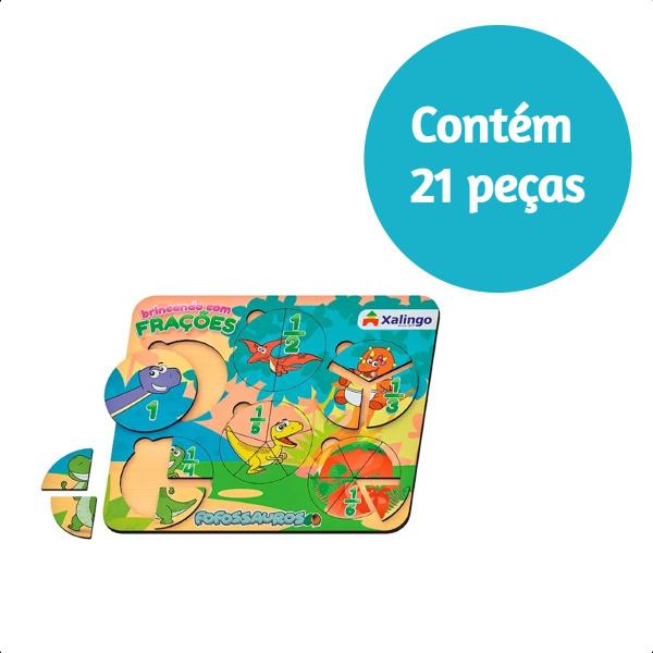 Imagem de Quebra-Cabeça Infantil de Encaixe Frações Fofossauros + 6 anos 21 Peças 22x2,5x25,5cm Xalingo - 54487