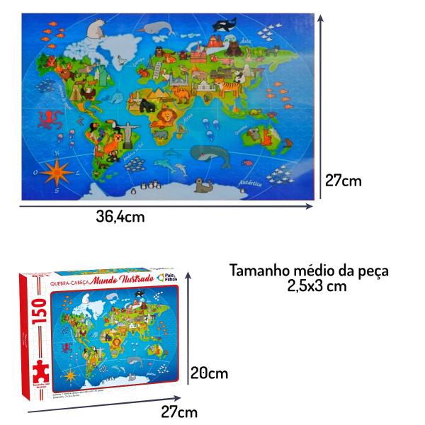 Imagem de Quebra Cabeça Mapa Mundi Educativo Ilustrado Animais 150 Pçs