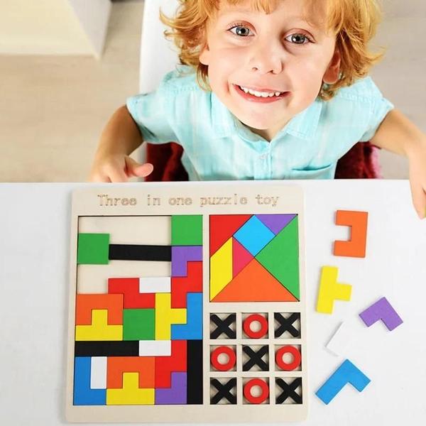 Imagem de Quebra Cabeça Montessori 3 Em 1 Tetris Tangram Jogo Da Velha